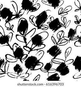 Creative flower seamless pattern. Textures made with ink. Hand painting for your designs: logo, for posters, invitations, cards, etc. Vector.