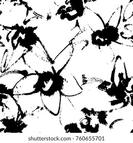 Creative flower seamless pattern. Textures made with black ink. Hand brush painting for your designs: logo, for posters, invitations, cards, etc. Vector.