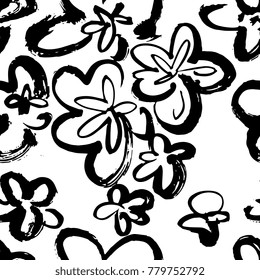 Creative flower seamless pattern. Textures made with black ink. Hand brush painting for your designs: logo, for posters, invitations, cards, etc. Vector.