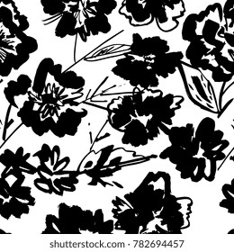 Creative flower seamless pattern. Textures made with black ink. Hand brush painting for your designs: logo, for posters, invitations, cards, etc. Vector.