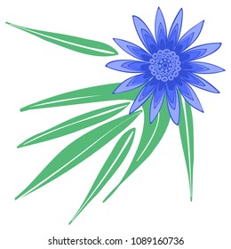 Creative Flower Stylization. African Camomile Gasania or Gerbera. Bold Line Style. Beautiful Blue Flower with Green Leaves in Ethnic Style for Card, Print, Pattern, Fabric, Textile or Your Design.