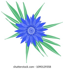 Creative Flower Stylization. African Camomile Gasania or Gerbera. Bold Line Style. Beautiful Blue Flower with Green Leaves in Ethnic Style for Card, Print, Pattern, Fabric, Textile or Your Design.