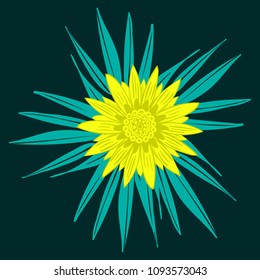 Creative Flower Stylization. African Camomile Gasania or Gerbera. Bold Line Style. Stylized Yellow Flower with Blue Leaves in Ethnic Style for Card, Print, Pattern, Fabric, Textile or Your Design.