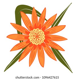 Creative Flower Stylization. African Camomile Gasania or Gerbera. Bold Line Style. Beautiful Detailed Flower with Leaves in Ethnic Style for Card, Print, Pattern, Fabric, Textile or Your Design.