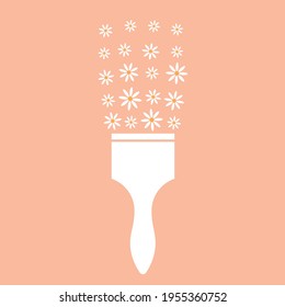 Kreative Blumenzusammensetzung. Pinsel mit weißen Blumen auf rosafarbenem Hintergrund. Position vertikal. Draufsicht.