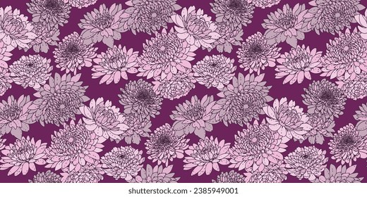 Creative flowers, peonies, dahlia seamless pattern. Vector hand drawn sketch. Monotone pastel  floral print on a burgundy background print. Template for design, fashion, fabric, wallpaper