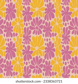 Creative flowers seamless pattern. Retro groovy floral background. Abstract stylized botanical wallpaper. Design for fabric, textile print, wrapping paper, fashion, interior, cover, illustration