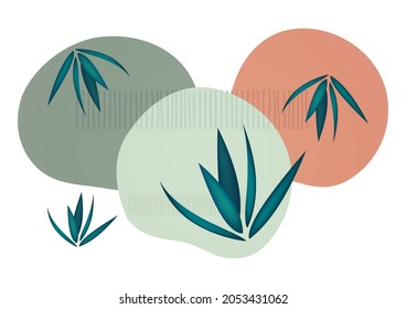 Creative flowing overlapping shapes, palm leaves. Cover for a natural product. Fashionable art for cover, poster, internet, page, social, media, postcards. Vector illustration