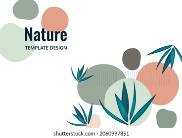Creative flowing overlapping shapes, palm leaves. Cover for a natural product. Fashionable art for cover, poster, internet, page, social, media, postcards. Vector illustration
