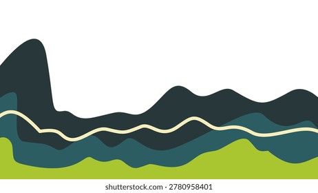 Creative fluid landscape illustration featuring ocean indigo and olive moss waves. Dynamic ivory sand line on abstract liquid shapes, perfect for sustainable branding and web header.
