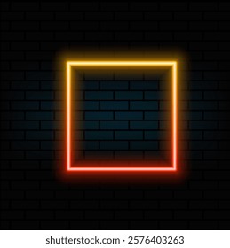 Creative fluorescent color layout made of neon copy space on dark red brick wall. Flat lay neon ultraviolet colors. Minimal concept of retro futurism.