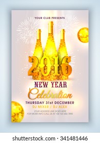 Creative Flyer, Banner Or Pamphlet Design With Golden Champagne Bottles On Glossy Fireworks Background.