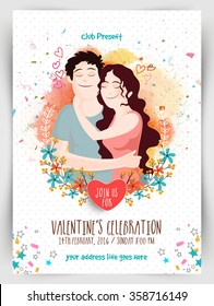 Creative Flyer, Banner or Pamphlet design with illustration of young couple hugging each other for Valentine's Day Party celebration.