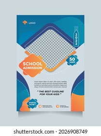 Creative flyer and brochure school education admission design template. Blue orange design vector with a photo collage with a4 format size