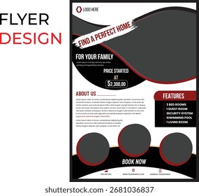 Creative flyer design template with a clean corporate layout. The vector features bold red, black, and white color combinations with space for images, text, and contact details. for real estate promo