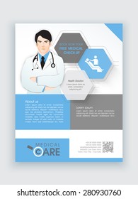 Creative Flyer With Illustration Of A Young Doctor For Medical Care, Can Be Used As Template Or Brochure Design.