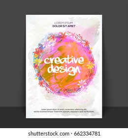 Creative Flyer, Poster or Banner decorated with colorful flowers and abstract watercolor brush strokes.