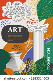 Kreative Flyer- oder Plakatkonzepte mit abstrakten geometrischen Formen, antiker Säule, Amphora auf grünem Hintergrund. römische und griechische Vektorgrafik. Kunstplakate für Ausstellung, Magazin oder Cover