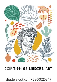 Creative flyer or poster concepts with abstract geometric shapes and human silhouettes on bright background. Roman and Greek vector illustration. Art posters for the exhibition,  magazine or cover