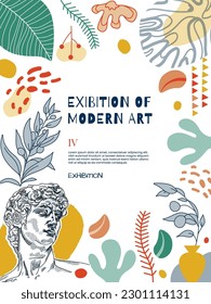 Creative flyer or poster concepts with abstract geometric shapes and human silhouettes on bright background. Roman and Greek vector illustration. Art posters for the exhibition,  magazine or cover