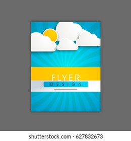 Diseño creativo de volante, plantilla o pancarta con nubes de papel y sol sobre fondo de rayos abstractos.