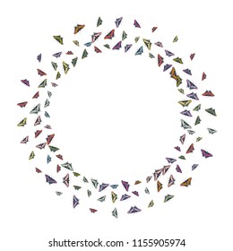 Creative flying butterfly silhouette kite texture on white. Nature butterfly hover theme vector in gold, silver, blue and pink red colors. Cool insect soar round frame backdrop for advert.