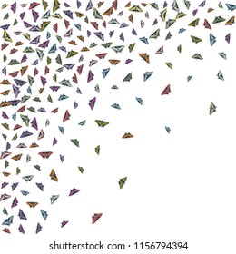 Creative flying butterfly silhouette kite texture on white. Nature butterfly hover theme vector in gold, silver, blue and pink red colors. Cool insect soar corner backdrop for advert.