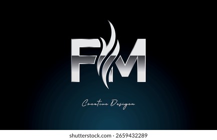 Creative FM Letter Flame Logo Bold Metallic Monogram with Fire Symbol for Premium Chrome Branding and Visual Identity