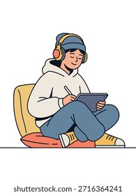 Enfoque creativo: personaje de dibujos animados de la generación Z mínima con auriculares e ilustración de tableta