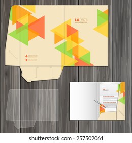 Creative folder template design for corporate identity with color geometric pattern. Stationery set