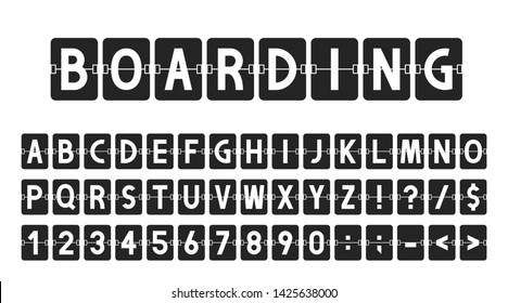 Creative font in airport board style, airline timeboard. Letters and numbers in vintage style, flip flap alphabet. Airport scoreboard, information panel, schedule. Vector