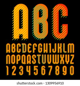 Creative font, alphabet in style of pop art. Vector letters and numbers high detail with striped texture pattern,