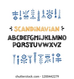 Creative font with folk motives - scandinavian. Ornate alphabet with florals inside. Vector illustration.