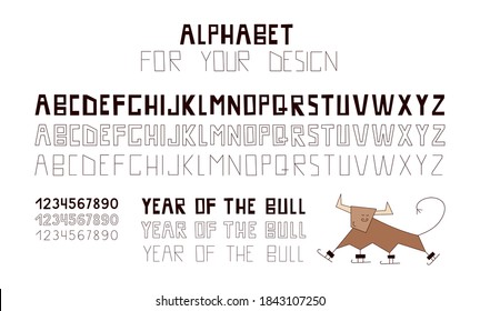 Fuente creativa para el diseño de Año Nuevo 2021. Año del toro, buey, vaca. Año Nuevo Chino. Alfabeto moderno, con letras aisladas en un fondo blanco. Cartas y números. Conjunto de vectores