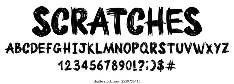 Creative font scratched by pen. Vector set of hand drawn letters in grunge style on a white isolated background.