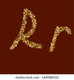 Creative font theme. Golden glitter letter R. Latin alphabet. Handwritten, calligraphy. Vector ABC. Suitable for monogram.