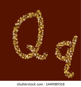 Creative font theme. Golden glitter letter Q. Latin alphabet. Handwritten, calligraphy. Vector ABC. Suitable for monogram.