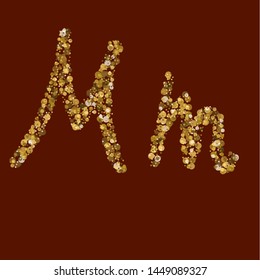 Creative font theme. Golden glitter letter M. Latin alphabet. Handwritten, calligraphy. Vector ABC. Suitable for monogram.