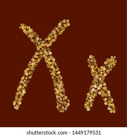 Creative font theme. Golden glitter letter X. Latin alphabet. Handwritten, calligraphy. Vector ABC. Suitable for monogram.