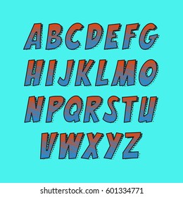 Creative font. Vector alphabet collection set in the style of comics and pop art. Funny colorful letters for decoration of kids' illustrations, websites, posters, comics and banners.