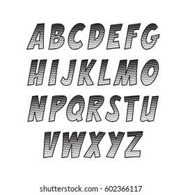 Creative font. Vector alphabet collection set in the style of comics and pop art. Tamplate funny letters for decoration of kids' illustrations, websites, posters, comics and banners.
