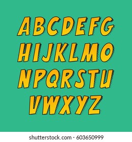 Creative font. Vector alphabet collection set in the style of comics and pop art. Funny colorful letters for decoration of kids' illustrations, websites, posters, comics and banners.