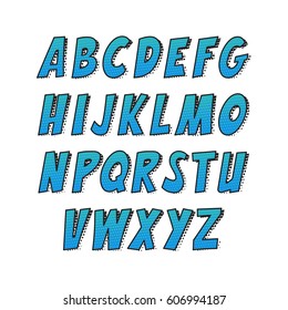 Creative font. Vector alphabet collection set in the style of comics and pop art. Funny colorful letters for decoration of kids' illustrations, websites, posters, comics and banners.