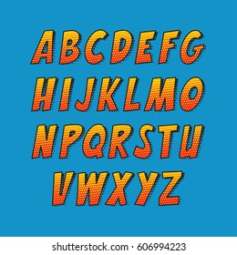 Creative font. Vector alphabet collection set in the style of comics and pop art. Funny colorful letters for decoration of kids' illustrations, websites, posters, comics and banners.