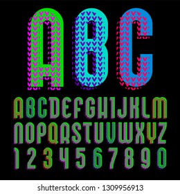 Creative font, vector letters and numbers high detail with texture pattern, alphabet in style of pop art.