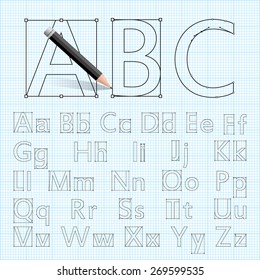 Creative font for your design drawn with a pencil on the drawing paper. Cool set of vector letters of Bezier curves. Font from lines and contours. Alphabet A through Z Vector