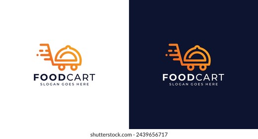 Creative Food Cart Logo. Shopping Cart and Serving Cover, Cover Dish with Modern Minimalist Style. Online Food Logo Icon Symbol Vector Design Template.