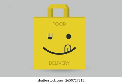 Creative Food Delivery Bag Icon with Smiling Face and Fork Eye. Vector illustration of a yellow food delivery bag with a smiling face and creative fork-and-eye design.