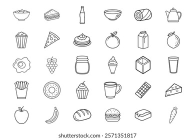 Creative Food and Drink Line Art Icons for Restaurant Menus, Culinary Branding, and Healthy Meals