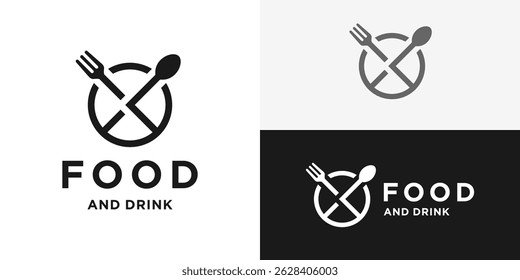 Creative food and drink logo template. Abstract plate with fork and spoon symbol for restaurant food logo design vector illustration.